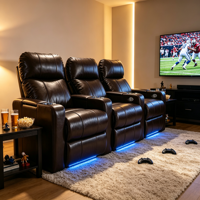 Sofá Reclinable Eléctrico de Cuero Genuino con Luz Ambiental LED, Mesa Auxiliar Extensible, Asientos para Cine en Casa para Sótano