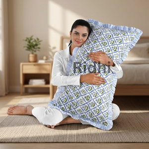 Juego de Fundas de Almohada Lumbares RIDHI 20x36 con Volantes Azules Florales Costeros, Estampado a Mano en Algodón, Personalizables, Removibles y Lavables, Estilo Occidental - Product Image 2