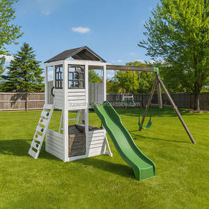 Structure de jeu extérieure pour enfants, colorée, en bois, avec balançoire et toboggan, idéale pour les garderies, pour des moments de plaisir printaniers dans le jardin. - Product Image 4
