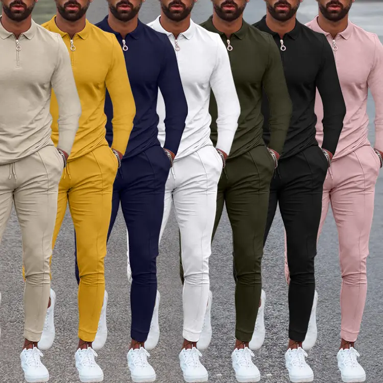 Boys' long-sleeved T-shirt suit zipper polo shirt trousers T-shirt men's casual fashion men's slim 2-piece set