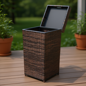 Poubelle en rotin brun avec couvercle supérieur en fer, mobilier de patio extérieur moderne, résistant à l'eau, décoration de jardin - Product Image 2