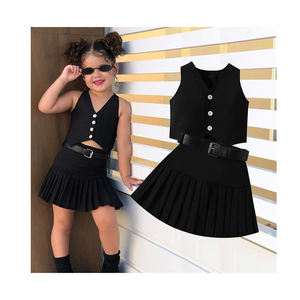 Ensemble de vêtements décontractés d'été pour filles, 3 pièces, tenue de fête d'anniversaire avec haut sans manches noir et jupe courte à imprimé tendance pour enfants - Product Image 2