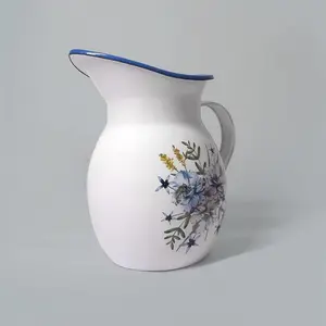 Florero de Metal esmaltado con logotipo personalizado para decoración del hogar y jardín, maceta, jarra de agua con mango, color blanco