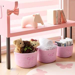 Vesici - Juego de 3 Cestas Pequeñas con Lazo Rosa, Cestas de Almacenamiento de Cuerda de Algodón Tejida, 9.7'' X 7.1'', Organizador de Ropa Sucia, Asas para Juguetes - Product Image 4
