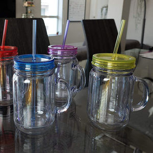 Vente en gros DD1791 Gobelets isothermes personnalisés à large ouverture de 20 oz, en plastique, type bocal Mason, avec poignées et couvercles - Product Image 2