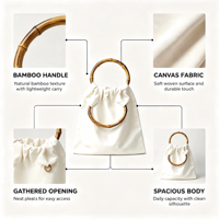 Tas Kanvas dengan Pegangan Cincin Bambu Alami, Penutup Tali Serut, Tas Jinjing untuk Aktivitas Santai Sehari-hari, Logo Kustom Grosir