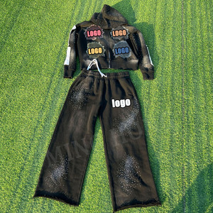 Custom Applique Patch Embroidery Logo Vintage Zipper Hoodie Sets Rhinestone Washed Flared Tracksuit Set - Product Image 1