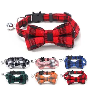 cute dog collars bows Suppliers-Custom Color Tinkle Jingle Bell Cotton Plaid Pet Bow Tie Collar Bell Cat Dog Bow