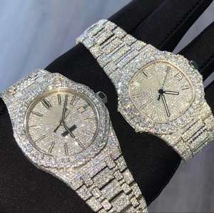 Montre de luxe pour homme, analogique, 25 mm, avec diamants Moissanite VVS, double rangée de pierres serties, bracelet en acier inoxydable, mouvement mécanique ETA, chronographe - Product Image 1