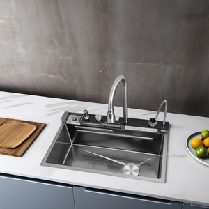 Évier de cuisine moderne à cuvette unique fait à la main en acier inoxydable 304 noir avec surface nano conception de cascade multifonctionnelle à quatre trous - Product Image 2