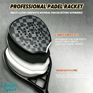 QINGYU SPORT OEM, usine de raquettes de <span class=keywords><strong>padel</strong></span>, propose des raquettes personnalisées en fibre de carbone 18K, 38 mm avec noyau en EVA, en stock. - Product Image 2