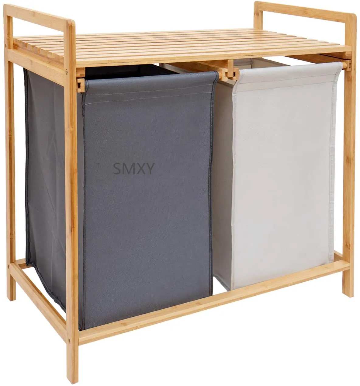 Cesto de bambú para la ropa sucia, estante de 2 secciones con forro extraíble, compartimentos duales, organizador y almacenamiento