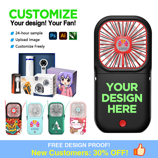 Custom logo Handheld Folding Fan Portable Is an Outdoor Hanging Neck Fan Mobile Power Fan in Stock Heat Wave Promotional Gift