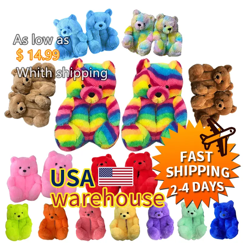 Teddy bear slippers 2022 US WAREHOUSE fuzzy teddy Wholesale Plush adult Slipper House Teddy Bear Slippers for Women Girls