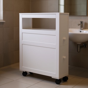 Armoire de rangement pour salle de bain blanche 60x70cm avec roulettes, étagère latérale autoportante, design minimaliste - Product Image 2