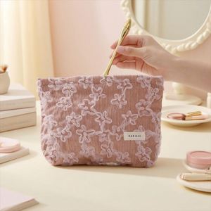 Bolsas de Maquillaje Ecológicas de Corduroy con Encaje Floral, Bolsa Organizadora de Gran Capacidad con Cierre Personalizado, Regalos para Damas de Honor, Bolsa de Viaje - Product Image 3