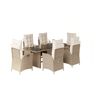 Set da pranzo da giardino beige per 6 persone, mobili da esterno resistenti alle intemperie, tavolo e sedie in vimini - Product Image 1