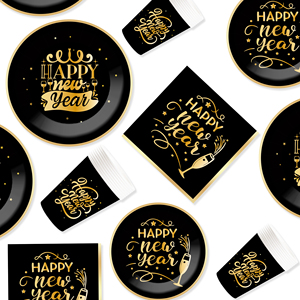 DAMAI New Years Eve Party Supplies Happy New Year Tableware Set <b>Disposable</b> Paper Plates Paper Cup Napkins and Wooden Cutlery - Product Image 2