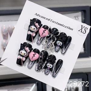 Caja personalizada hecha a mano al por mayor diseño lindo 3D dibujos animados acrílico Anime <span class=keywords><strong>Sanrio</strong></span> Kuromi Kitty gato arte prensa artificial <span class=keywords><strong>uñas</strong></span> - Product Image 1
