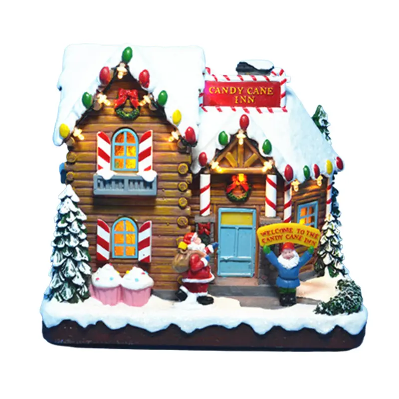 Casa de Posada de bastón de caramelo de Navidad de resina con estilo artificial de luz LED para decoración del hogar Tema de amor