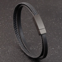 Bracelet en cuir véritable tressé à double couche avec fermoirs magnétiques en acier inoxydable pour hommes