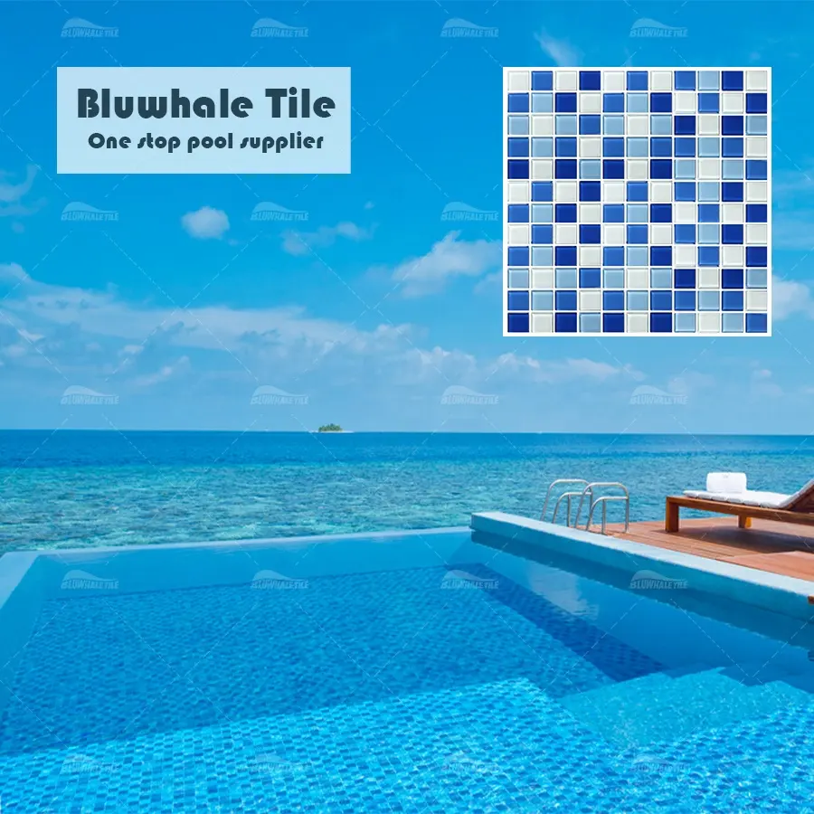 Blue Mix Color Smooth Finish Square 25X25Mm Nhà Cung Cấp Phật Sơn 4Mm Độ Dày Bể Bơi Biển Crystal Mosaic