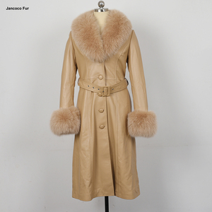 Nuova moda in <span class=keywords><strong>pelle</strong></span> <span class=keywords><strong>Trench</strong></span> giacca lunga in <span class=keywords><strong>pelle</strong></span> da <span class=keywords><strong>donna</strong></span> con grande collo di pelliccia - Product Image 6