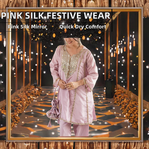 Antra Lifestyle Pink Silk Salwar Kameez Co-ord Set Mirror Work Lace Quick Dry Short <b>Kurti</b> Trouser Regular Fit Modern Indian - Product Image 2