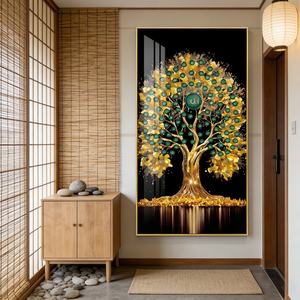 Tableau mural abstrait nordique grand format Feuille d'arbre dorée, Peinture moderne en porcelaine avec LED et cristaux, Meilleure vente, Décoration de salon et de maison - Product Image 1