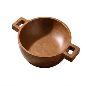 Walnut Finished <b>Mango</b> <b>Wood</b> Serving <b>Bowl</b> Round Salad <b>Bowl</b> with Solid Square Geometric Cutout Side Handles - Product Image 1