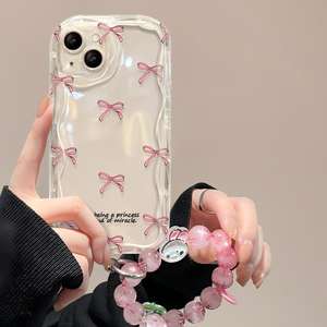เคสสำหรับ iPhone 17, iPhone 14/13 Pro Max, สายรัดข้อมือโบว์สีชมพู, ซิลิโคนใสสำหรับ iPhone 11/12, XS - Product Image 1