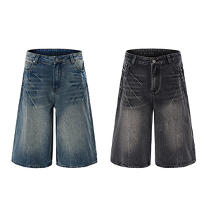 New Fashion Blue Black Washed Denim Shorts Straight Shorts Casual Baggy Jeans Loose Men's Jorts