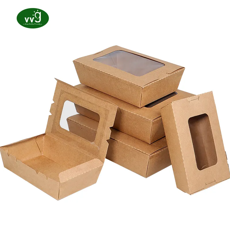 VVG ecológico biodegradable desechable marrón Kraft sacar caja de alimentos contenedor de papel con ventana