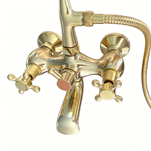 Robinet mitigeur de <span class=keywords><strong>baignoire</strong></span> et douche mural en laiton satiné, style téléphone antique à double poignée, avec douchette à main - Product Image 2