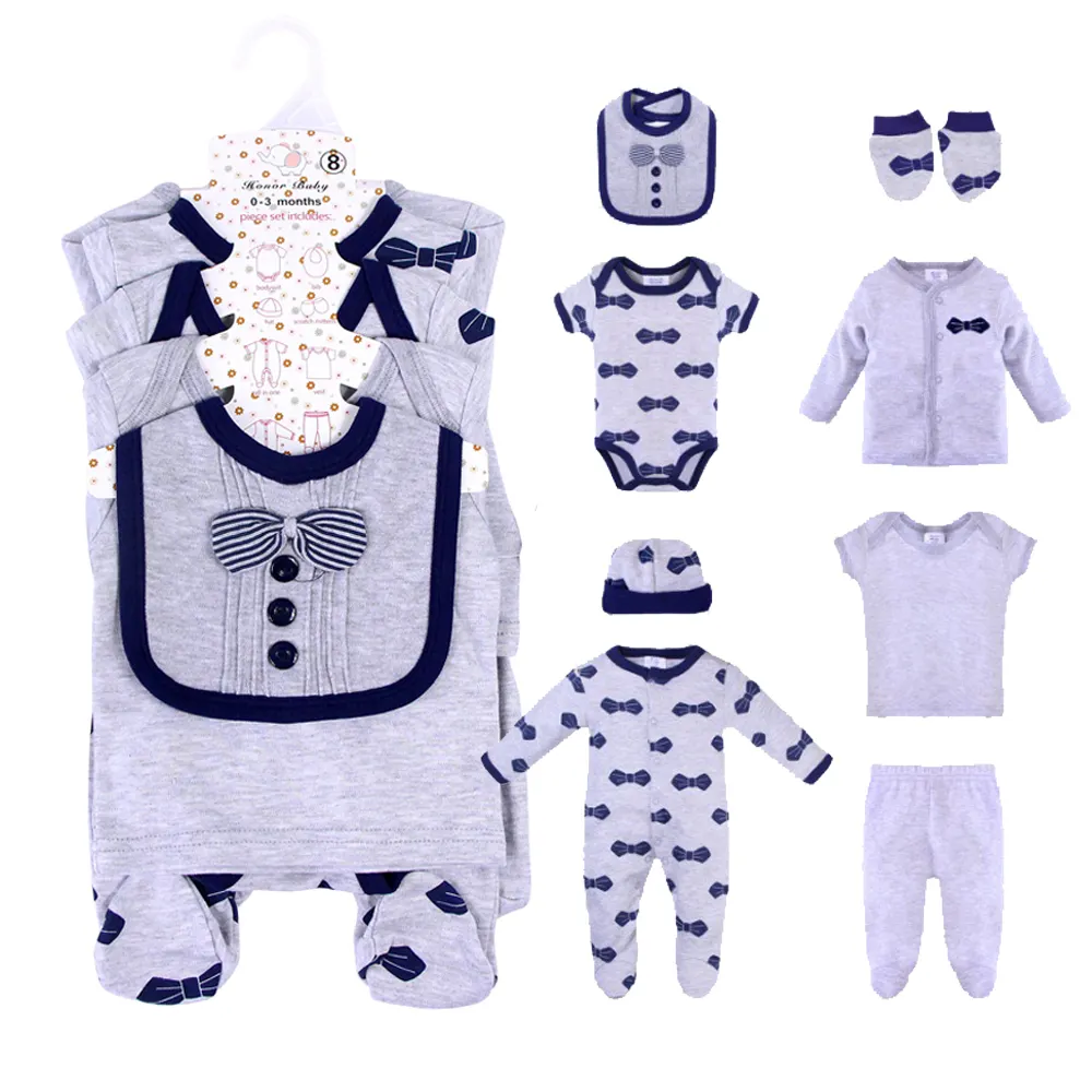 Toptan 8 adet paketi bebek tulum önlükler ve pantolon bebek giyim setleri baskılı yumuşak bebek hediye seti