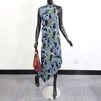 Tissu en polyester Ankara à imprimé botanique africain, motif feuilles bleues naturelles, pour robes de mode personnalisées pour femmes