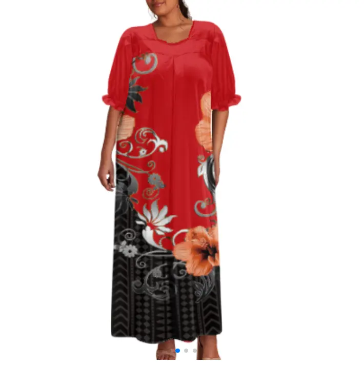 Vestido negro de la isla del Pacífico, estampado de flores, vestido Hawaiano, bohemio, manga abullonada, cuello cuadrado, vestidos largos de vendaje para mujer