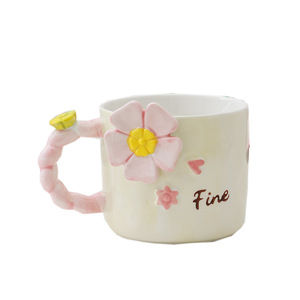 Mug à eau en céramique peint à la main, design floral rose, avec poignée et cuillère, pour la maison - Product Image 5