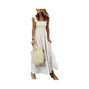 Robe rétro à carreaux pour femmes 100% coton en mousseline de soie Spaghetti sangle volant naturel longueur au sol Style décontracté pour l'été - Product Image 6
