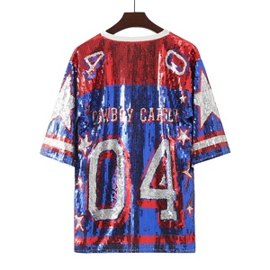 Women's Casual V-neck Half Sleeve Sequin T-shirt <strong>Top</strong> Star Number Long Cowboy Carter Sequin Jersey Shirts Mini Dress for Fans - Product Image 6