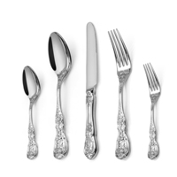 Ensemble de couverts européens rétro en acier inoxydable poli avec poignée gaufrée argentée, fourchette, cuillère, couteau pour collection de vaisselle de fête et d'hôtel