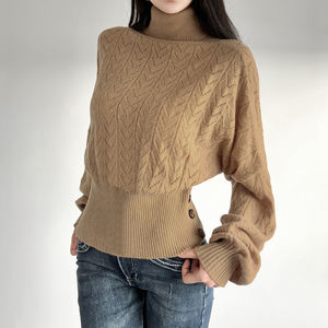 Suéter Corto de Cuello Alto Tejido a Crochet, Color Sólido, Transpirable, Elegante e Informal para Mujer, Otoño - Product Image 6