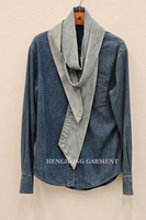 Jaket Kemeja Denim Wanita Kustom 100% Katun Benang Halus Kancing Depan Kasual Mantel Denim Musim Gugur Dengan Syal Lepas Pasang