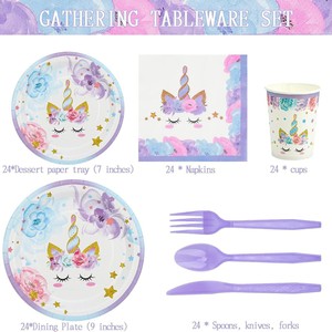 Platos desechables para fiesta de cumpleaños con tema de unicornio púrpura, vasos de papel, toallas de papel, manteles, otra decoración de fiesta - Product Image 2