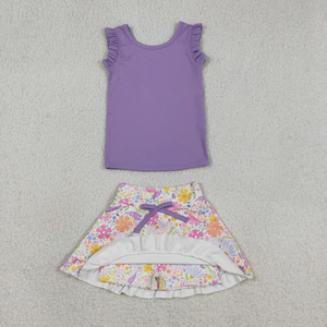 Nouvel arrivage : Ensemble de vêtements de yoga d'été pour enfants, filles, bébés, hauts violets à fleurs, jupe à volants, shorts, tenues - Product Image 1