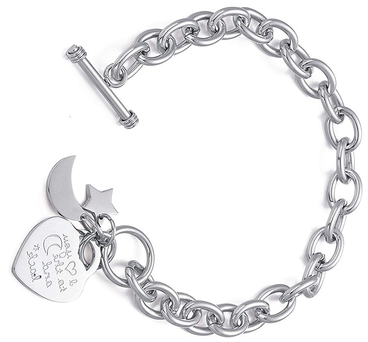 Mots gravés "Je T'aime à la Lune et Au Dos" et Coeur Étoile de Lune En Acier Inoxydable Charme À Bascule bracelet