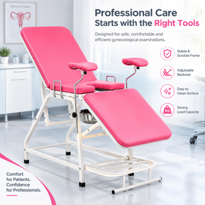 Lettino per Esami Ostetrici Rosa con Cuscino in Vinile Medicale e Vasca Raccogli Rifiuti in Acciaio Inossidabile per Centri e Stazioni di Salute Femminile - Product Image 2