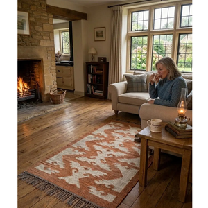 Terracotta Cream Geometric Wool Jute <b>Runner</b> Rug Handwoven Modern Non-Slip Low Pile <b>Hallway</b> Entryway Carpet Home Floor Decor - Product Image 1