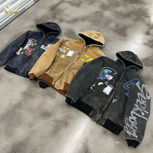 OEM 도매 빈티지 디스트레스 자수 패치 산성 세척 햇빛 바랜 100% 코튼 프렌치 테리 오버사이즈 재킷 후드티 - Product Image 4