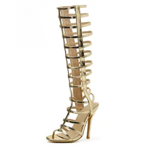 2021 Summer Fashion PU Knee-High Sandals Boots Narrow Band Sewing Zipper Solid Head High Heels Women's Shoes 35-40